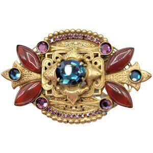Sorrelli Goldtone Gripoix Nouveou Style, Rhinestone Brooch Signed